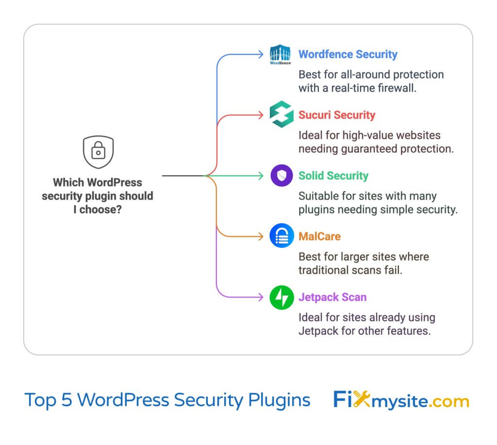 Quadrant diagram of essential WordPress security features showing four key components: Activity Logging (records user actions for high-impact auditing), Web Application Firewall (blocks malicious traffic for high-impact security), Security Hardening (implements best practices for enhanced overall security), and Malware Scanning (identifies malicious code as a critical priority). Each quadrant contains a simple line icon representing the feature with a brief description of its importance.