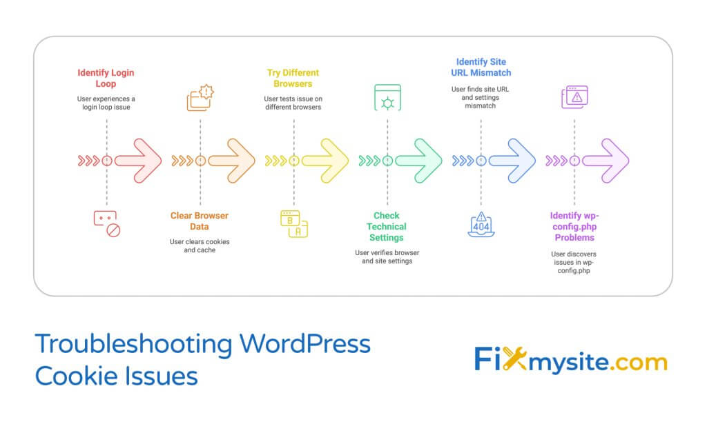 Flowchart showing six steps for troubleshooting WordPress cookie issues: Identify Login Loop, Clear Browser Data, Try Different Browsers, Check Technical Settings, Identify Site URL Mismatch, and Identify wp-config.php Problems. Each step includes a brief description of user actions and is connected by colorful arrows in a linear progression from left to right.