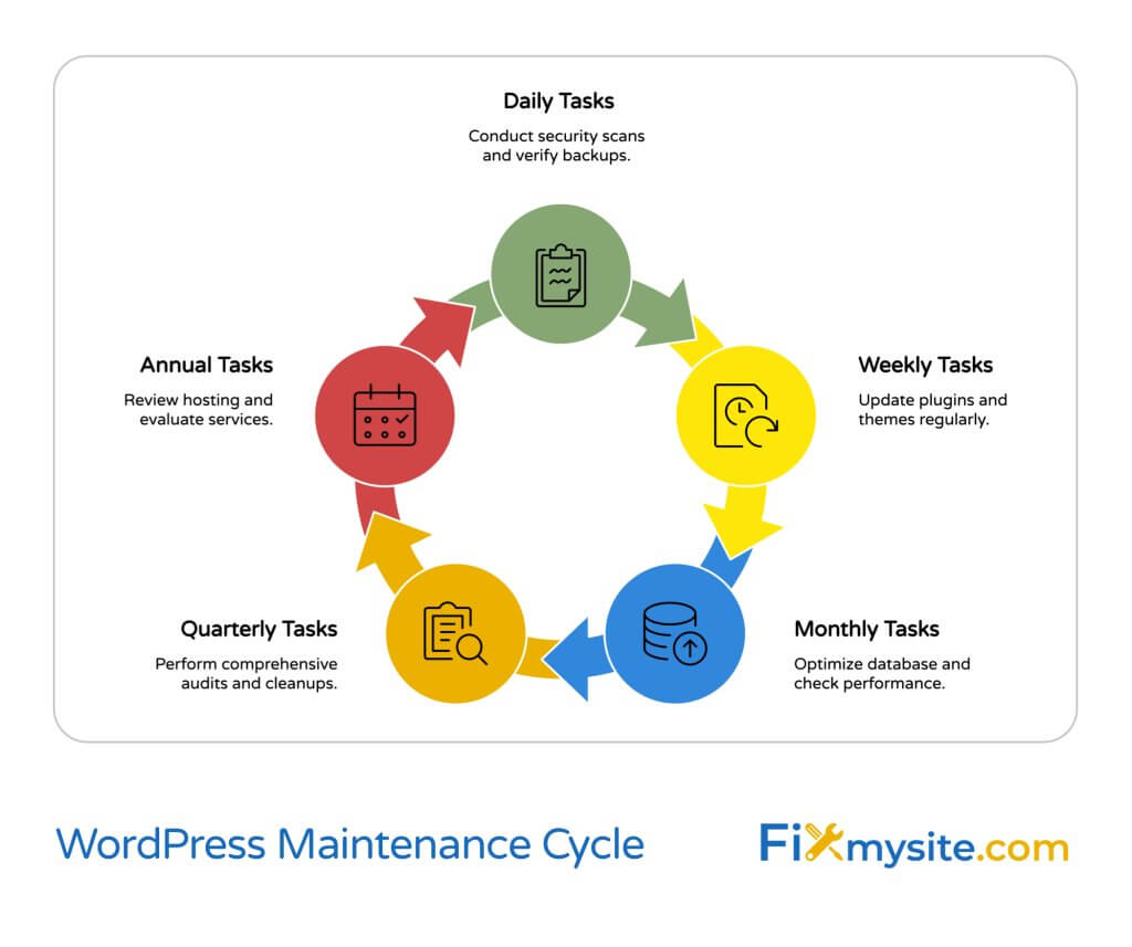 WordPress Maintenance Cycle - A circular workflow diagram illustrating the recommended maintenance schedule for WordPress websites: Daily Tasks (security scans and backup verification), Weekly Tasks (plugin and theme updates), Monthly Tasks (database optimization and performance checks), Quarterly Tasks (comprehensive audits and cleanups), and Annual Tasks (hosting review and service evaluation). Created by Fixmysite.com