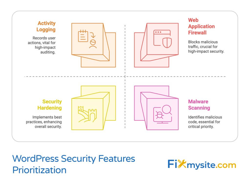 Comparison diagram of top 5 WordPress security plugins showing Wordfence Security for all-around protection with real-time firewall, Sucuri Security for high-value websites needing guaranteed protection, Solid Security for sites with many plugins needing simple security, MalCare for larger sites where traditional scans fail, and Jetpack Scan for sites already using Jetpack for other features. The diagram uses a branching structure with colored arrows pointing to each plugin option from the central question 'Which WordPress security plugin should I choose?