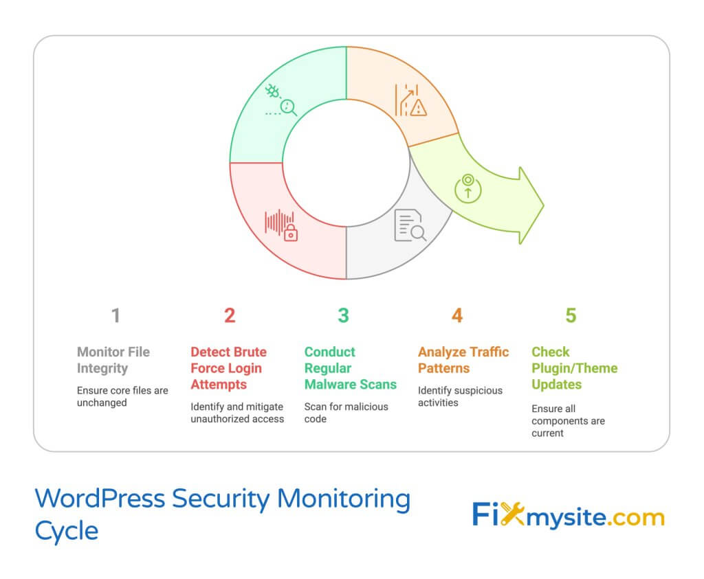 Circular workflow diagram showing five-step WordPress security monitoring cycle: Monitor File Integrity, Detect Brute Force Login Attempts, Conduct Regular Malware Scans, Analyze Traffic Patterns, and Check Plugin/Theme Updates