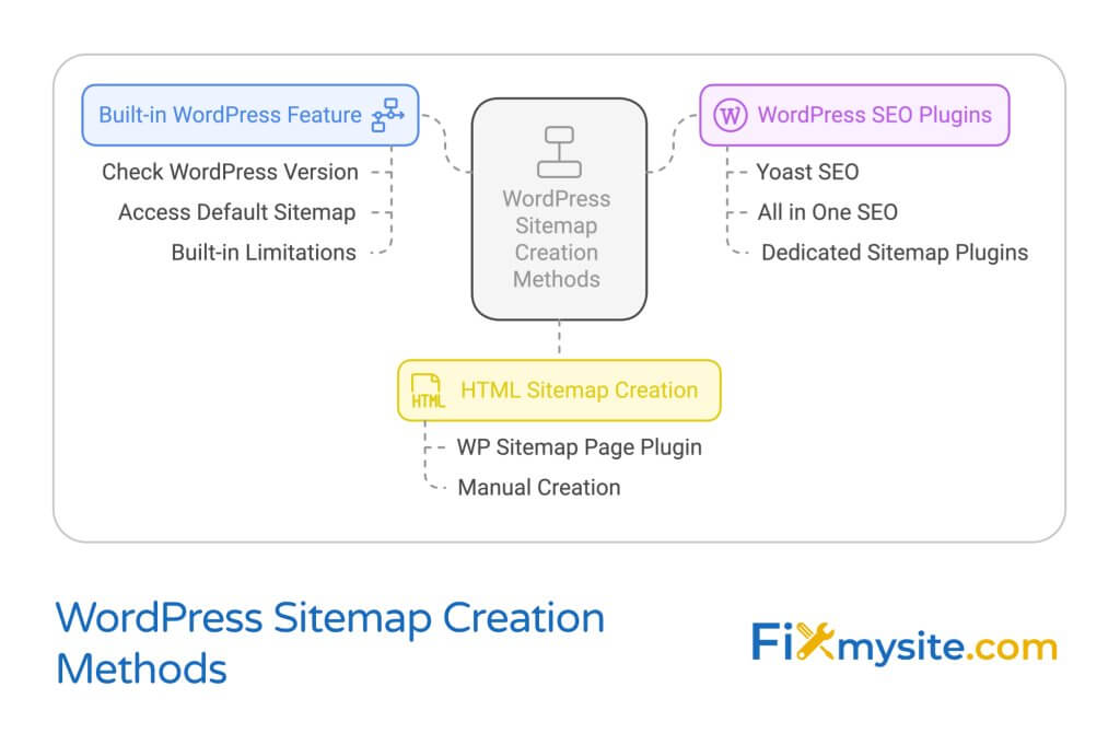 Mind map diagram illustrating WordPress sitemap creation methods with three main branches. The center node 'WordPress Sitemap Creation Methods' connects to: 'Built-in WordPress Feature' (blue, showing Check WordPress Version, Access Default Sitemap, and Built-in Limitations), 'WordPress SEO Plugins' (purple, listing Yoast SEO, All in One SEO, and Dedicated Sitemap Plugins), and 'HTML Sitemap Creation' (yellow, showing WP Sitemap Page Plugin and Manual Creation options). All branches are connected with dotted lines in a hierarchical structure