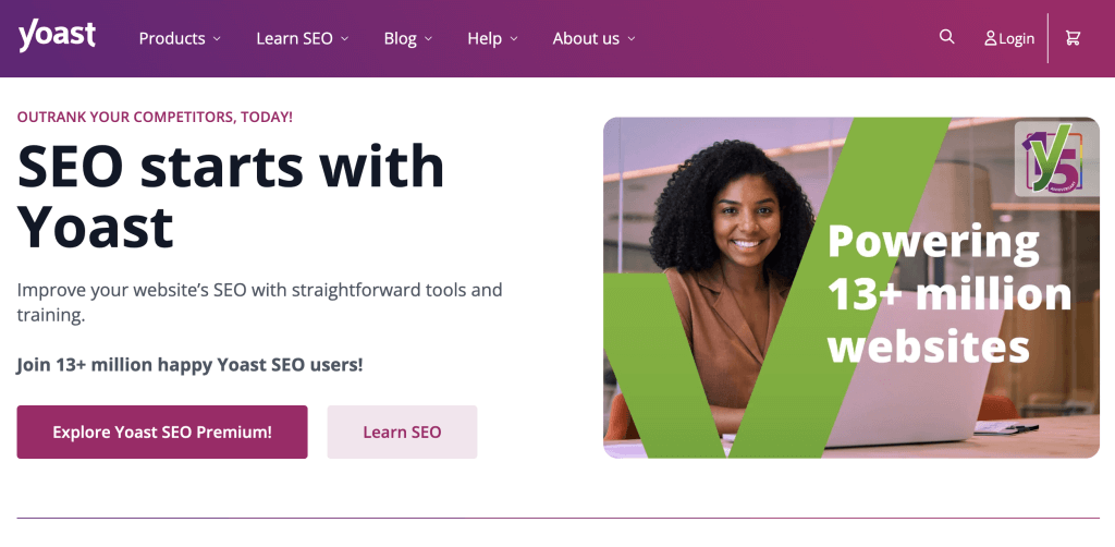 Yoast SEO plugin official website with purple navigation header. Main headline reads 'SEO starts with Yoast' with tagline 'Improve your website's SEO with straightforward tools and training.' Features image of smiling woman behind a green Yoast logo 'Y' with text stating 'Powering 13+ million websites'. Includes 'Explore Yoast SEO Premium!' and 'Learn SEO' call-to-action buttons.