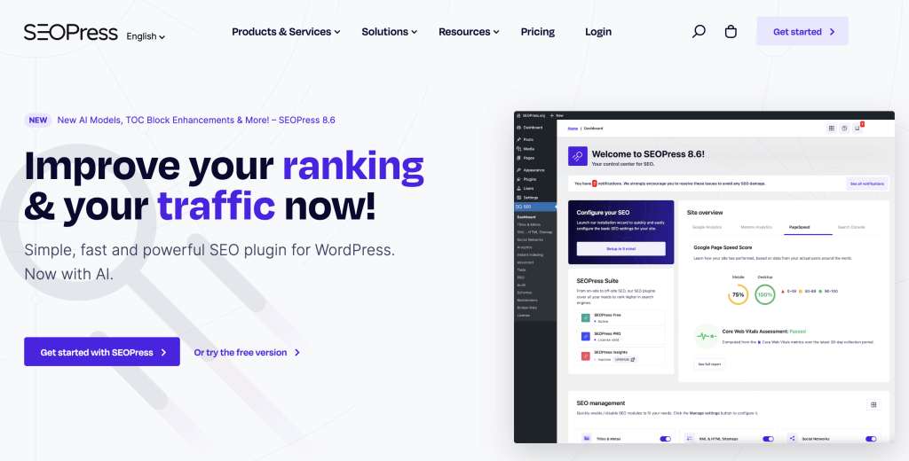SEOPress WordPress plugin homepage featuring split layout with dark text on white background. Left side shows 'Improve your ranking & your traffic now!' headline with 'Simple, fast and powerful SEO plugin for WordPress. Now with AI.' Below are call-to-action buttons. Right side displays the SEOPress dashboard interface showing SEO configuration panels, site metrics, and performance scores.