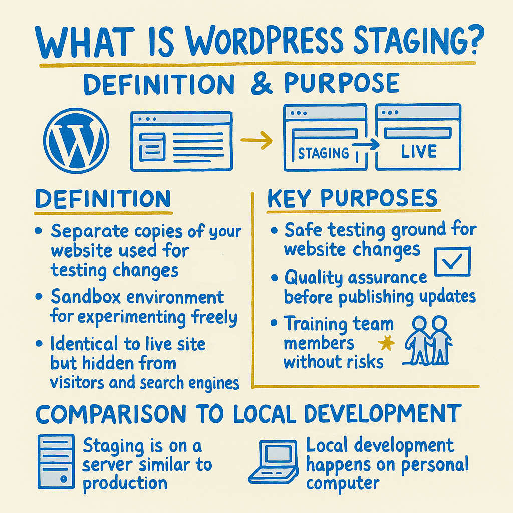 Hand-drawn napkin-style infographic explaining WordPress staging with blue and gold colors on a cream background. The image titled 'WHAT IS WORDPRESS STAGING? DEFINITION & PURPOSE' includes four sections. At the top, it shows a WordPress logo and browser windows illustrating staging to live site workflow. The 'DEFINITION' section explains staging as separate copies for testing changes, sandbox environments for experimenting, and identical but hidden versions of live sites. The 'KEY PURPOSES' section highlights safe testing ground (with checkmark icon), quality assurance before publishing, and training team members without risks (with people icon). The bottom 'COMPARISON TO LOCAL DEVELOPMENT' section contrasts staging servers with local development on personal computers using server and laptop icons.