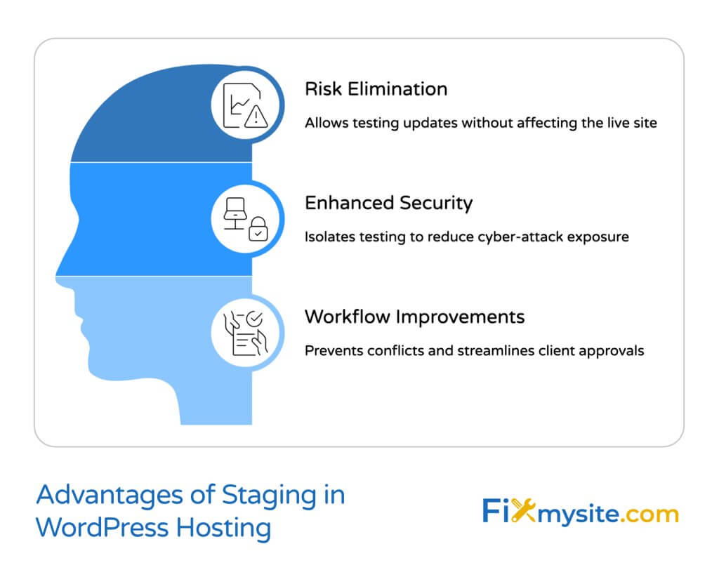 Advantages of Staging in WordPress Hosting infographic displaying a blue gradient head silhouette with three key benefits highlighted: Risk Elimination that allows testing updates without affecting the live site (represented by a document with warning icon), Enhanced Security that isolates testing to reduce cyber-attack exposure (represented by a computer with lock icon), and Workflow Improvements that prevents conflicts and streamlines client approvals (represented by a document with check icon). The FixMySite.com logo appears in the bottom right corner