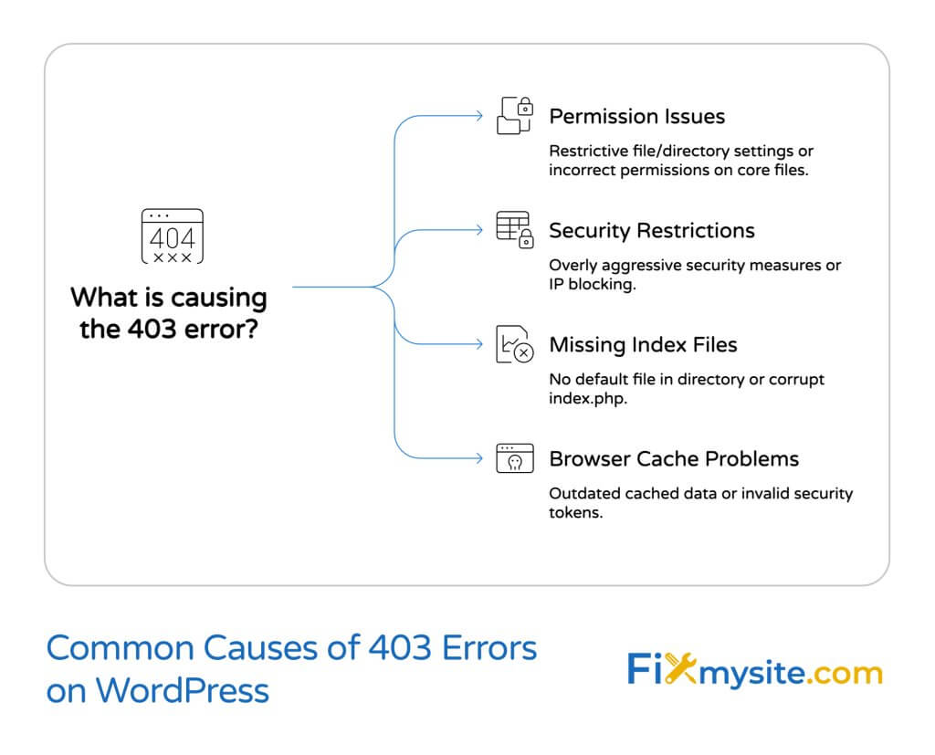 Flowchart diagram titled 'Common Causes of 403 Errors on WordPress' showing four main factors that trigger 403 errors. The diagram starts with 'What is causing the 403 error?' in the center, branching out to four causes: Permission Issues (restrictive file/directory settings or incorrect permissions on core files), Security Restrictions (overly aggressive security measures or IP blocking), Missing Index Files (no default file in directory or corrupt index.php), and Browser Cache Problems (outdated cached data or invalid security tokens). Each cause is accompanied by a simple icon representing the issue. The FixMySite.com logo appears at the bottom right.