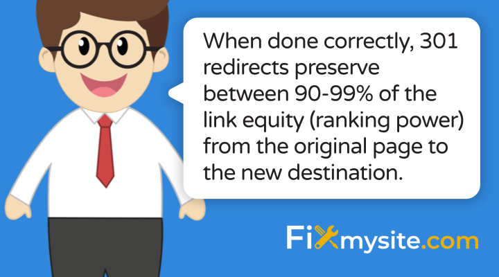When done correctly, 301 redirects preserve between 90-99% of the link equity (ranking power) from the original page to the new destination.