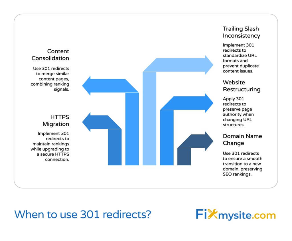 Flow chart diagram showing five key scenarios for using 301 redirects: Domain Name Change (ensuring smooth transition while preserving SEO rankings), Website Restructuring (preserving page authority when changing URL structures), Trailing Slash Inconsistency (standardizing URL formats to prevent duplicate content), Content Consolidation (merging similar content pages to combine ranking signals), and HTTPS Migration (maintaining rankings while upgrading to secure connections). The image includes the FixMySite.com logo and the title 'When to use 301 redirects?