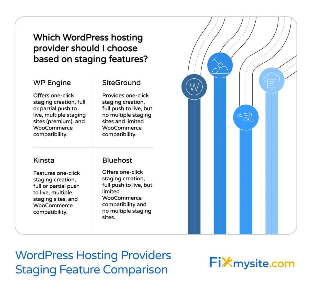 WordPress Hosting Providers Staging Feature Comparison chart showing four major hosting providers side by side. WP Engine offers one-click staging creation, full or partial push to live, multiple staging sites (premium), and WooCommerce compatibility. SiteGround provides one-click staging creation, full push to live, but no multiple staging sites and limited WooCommerce compatibility. Kinsta features one-click staging creation, full or partial push to live, multiple staging sites, and WooCommerce compatibility. Bluehost offers one-click staging creation, full push to live, but limited WooCommerce compatibility and no multiple staging sites. The right side displays a stylized vertical timeline with WordPress-related icons, and the FixMySite.com logo appears in the bottom right corner.