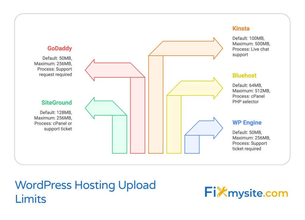 WordPress hosting upload limits comparison chart showing five providers with their default and maximum upload sizes. SiteGround (128MB default, 256MB maximum), GoDaddy (50MB default, 256MB maximum), Kinsta (100MB default, 500MB maximum), Bluehost (64MB default, 512MB maximum), and WP Engine (50MB default, 256MB maximum). Each provider listing includes their process for increasing limits.