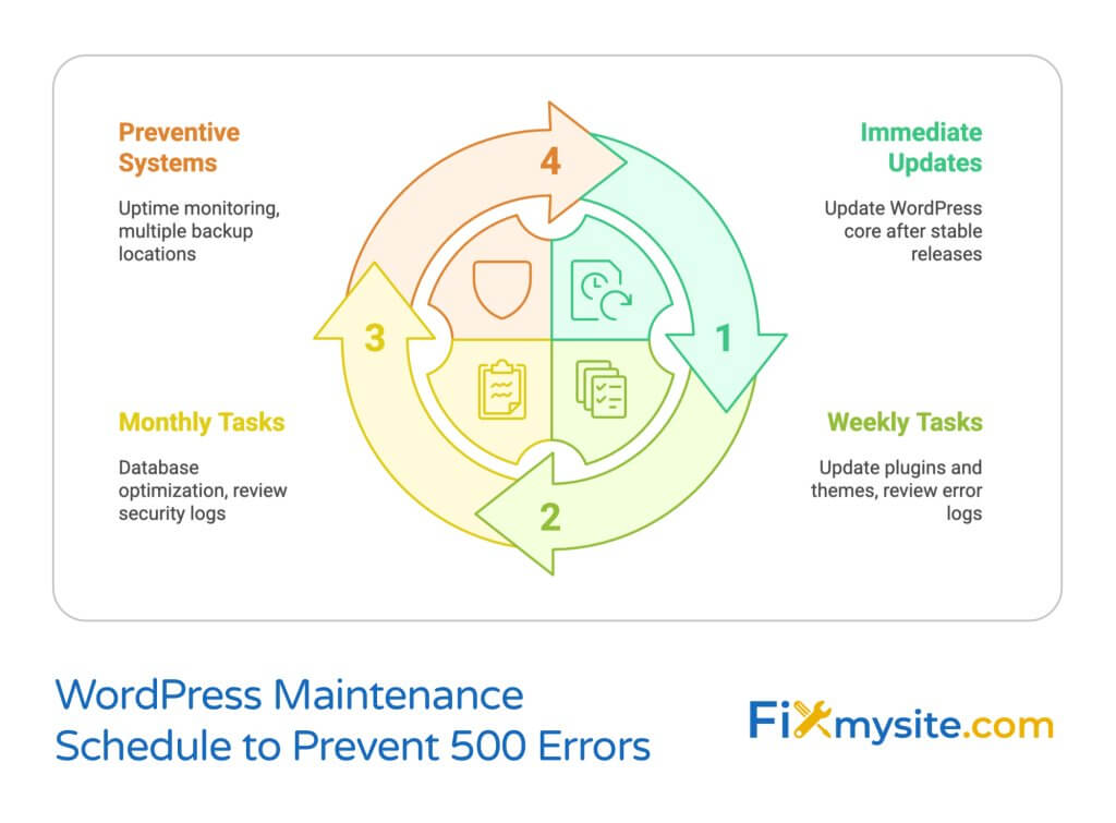 Circular diagram illustrating the WordPress maintenance schedule to prevent 500 errors. The cycle shows four numbered segments: 1) Immediate Updates (update WordPress core after stable releases), 2) Weekly Tasks (update plugins and themes, review error logs), 3) Monthly Tasks (database optimization, review security logs), and 4) Preventive Systems (uptime monitoring, multiple backup locations). The center contains icons representing security, monitoring, and maintenance activities. Each segment is color-coded (green, light green, yellow, and orange) to distinguish different maintenance frequencies.