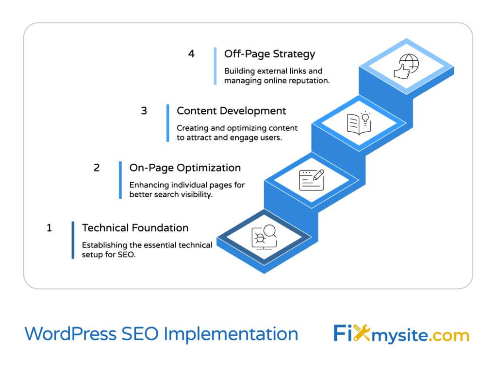 A clean, minimalist diagram titled 'WordPress SEO Implementation' showing a four-step stair-like progression of SEO implementation phases. The steps are numbered 1-4, starting with Technical Foundation (establishing essential technical setup), followed by On-Page Optimization (enhancing individual pages), Content Development (creating and optimizing content), and finally Off-Page Strategy (building external links and managing online reputation). Each step includes a simple icon representing its focus. The FixMySite.com logo appears in the bottom right corner.