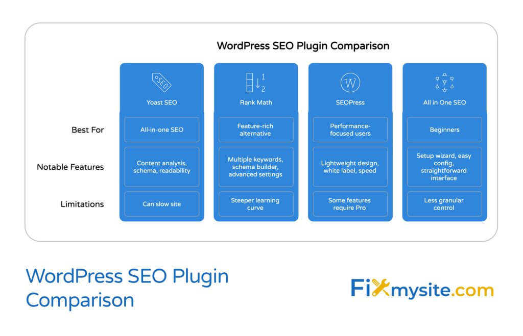 Comparison chart titled 'WordPress SEO Plugin Comparison' featuring four popular WordPress SEO plugins side by side. The chart compares Yoast SEO (all-in-one solution with content analysis features but may slow sites), Rank Math (feature-rich alternative with multiple keyword analysis but steeper learning curve), SEOPress (performance-focused with lightweight design but some features require Pro), and All in One SEO (beginner-friendly with setup wizard but offers less granular control). Each plugin is represented by its icon and evaluated across three categories: 'Best For,' 'Notable Features,' and 'Limitations.' The FixMySite.com logo appears at the bottom.