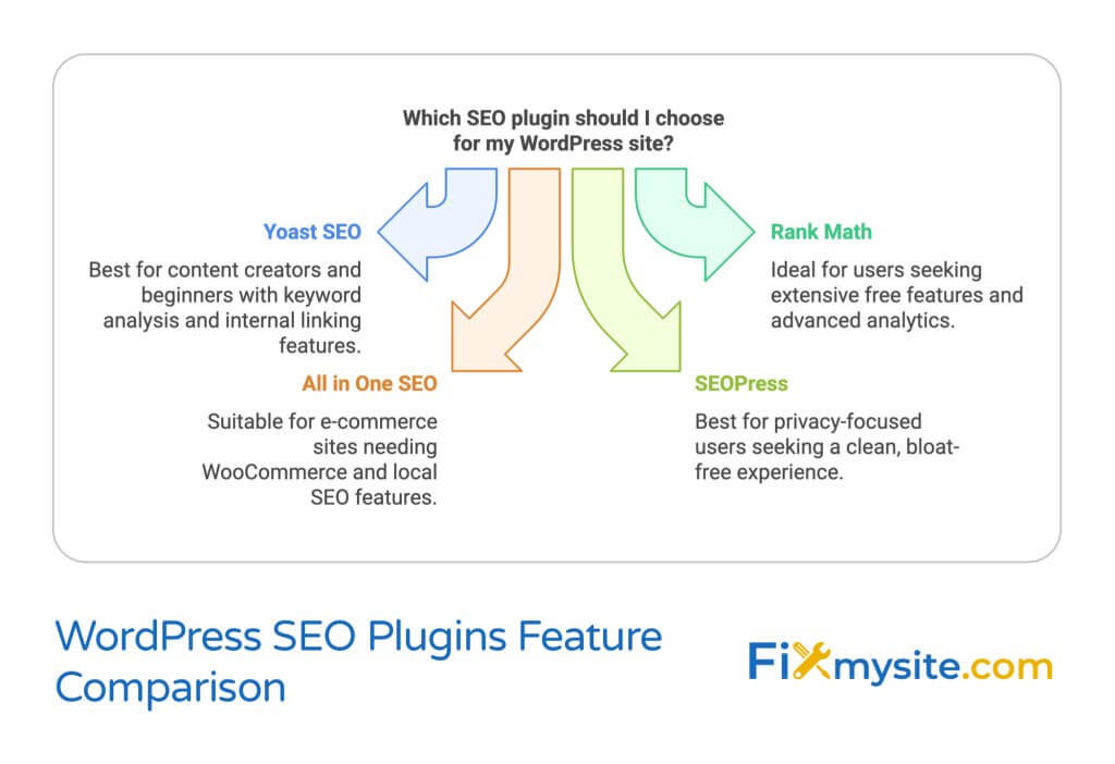 For Image 2:
"Flow diagram comparing four popular WordPress SEO plugins with their key benefits. Yoast SEO (blue arrow) is best for content creators and beginners with keyword analysis and internal linking features. All in One SEO (orange arrow) is suitable for e-commerce sites needing WooCommerce and local SEO features. SEOPress (light green arrow) is best for privacy-focused users seeking a clean, bloat-free experience. Rank Math (mint green arrow) is ideal for users seeking extensive free features and advanced analytics. The arrows are arranged in a circle around the central question 'Which SEO plugin should I choose for my WordPress site?