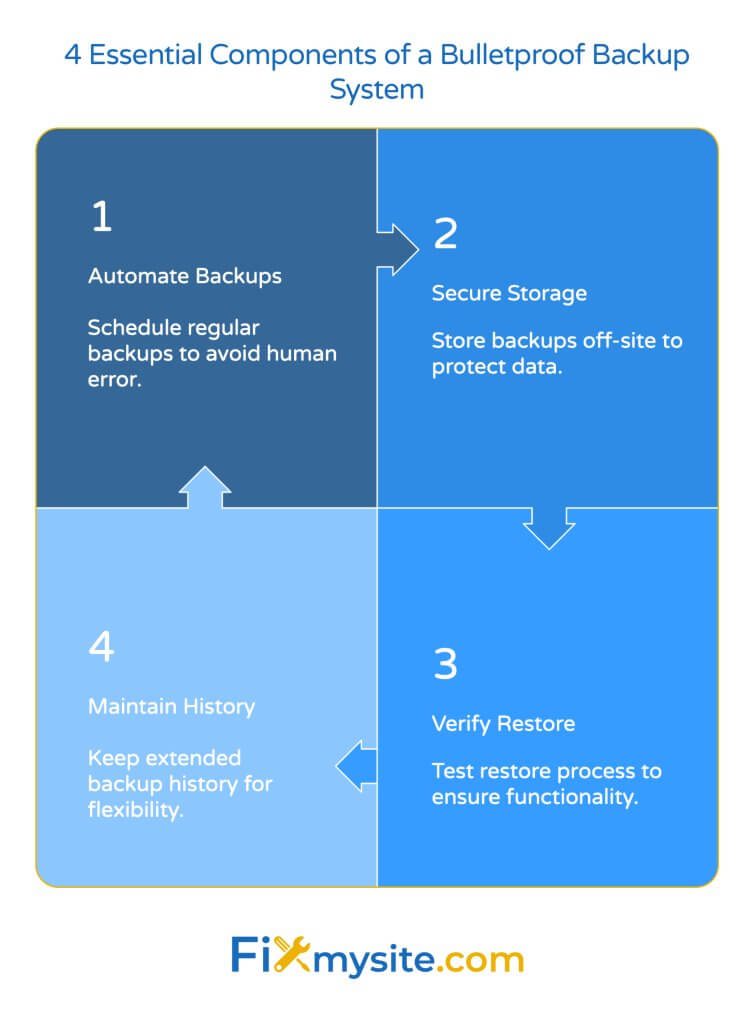 Diagram showing the 4 essential components of a bulletproof WordPress backup system in a clockwise flow: 1) Automate Backups (schedule regular backups to avoid human error), 2) Secure Storage (store backups off-site to protect data), 3) Verify Restore (test restore process to ensure functionality), and 4) Maintain History (keep extended backup history for flexibility). The components are arranged in blue squares with connecting arrows.