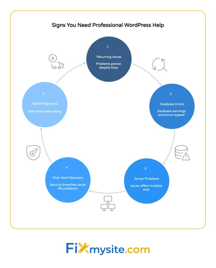 A circular diagram titled "Signs You Need Professional WordPress Help" showing five interconnected situations requiring expert assistance. The diagram features five blue circles arranged in a cycle: 1) Recurring Issues (problems persist despite fixes), 2) Database Errors (database warnings and errors appear), 3) Server Problems (issues affecting multiple sites), 4) Post-Hack Recovery (security breaches causing file problems), and 5) Failed Migrations (site move goes wrong). Each point is connected with arrows showing their relationship, with simple icons representing each scenario.
