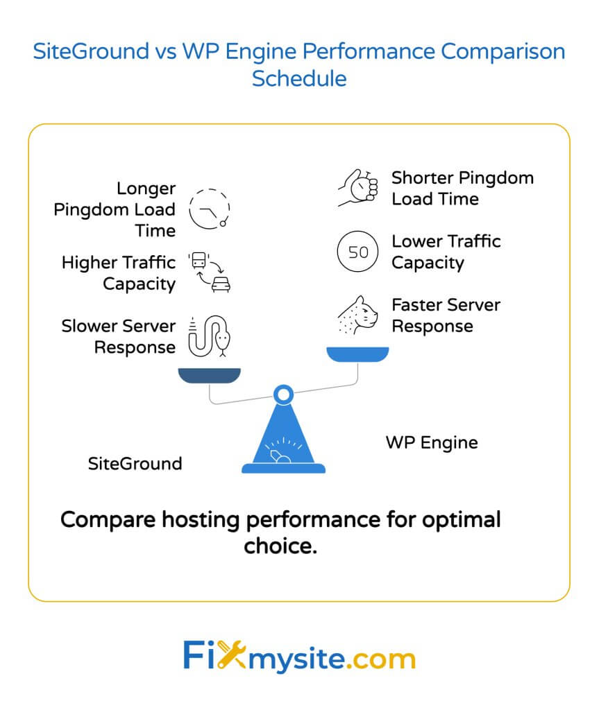 Balance scale diagram comparing SiteGround and WP Engine hosting performance, showing SiteGround's advantages in higher traffic capacity and WP Engine's strengths in faster server response times and shorter load times, with call-to-action to compare hosting performance for optimal choice.