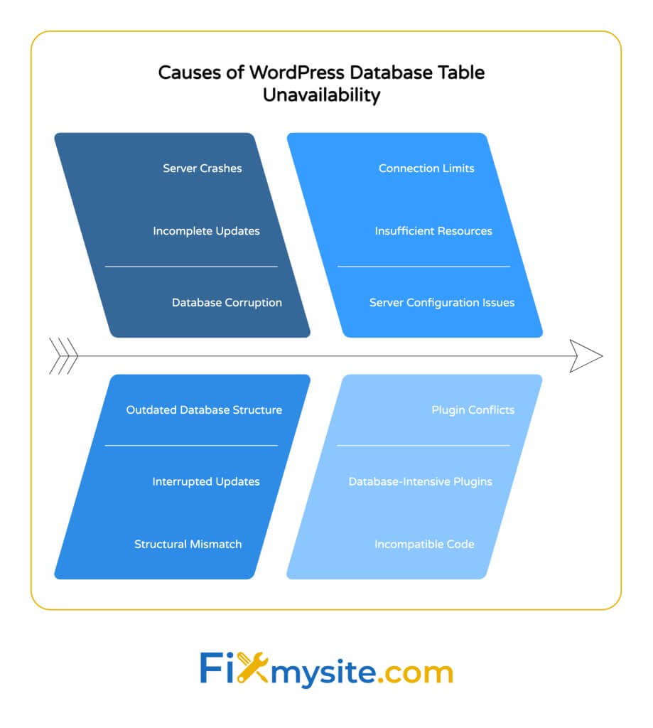 Four-quadrant diagram showing causes of WordPress database table unavailability: Database Corruption (server crashes, incomplete updates), Server Configuration Issues (connection limits, insufficient resources), Outdated Database Structure (interrupted updates, structural mismatch), and Plugin Conflicts (database-intensive plugins, incompatible code).
