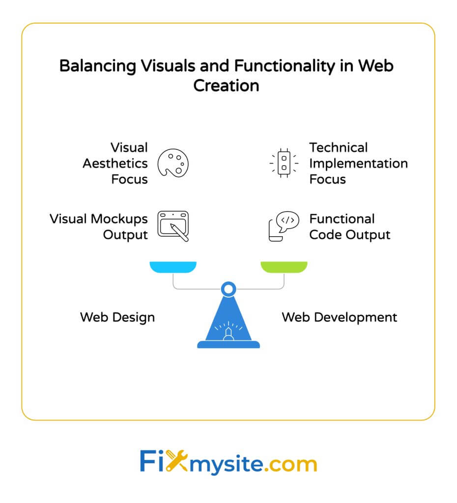 Balance scale visualization contrasting web design elements focused on visual aesthetics and mockups versus web development elements focused on technical implementation and functional code
