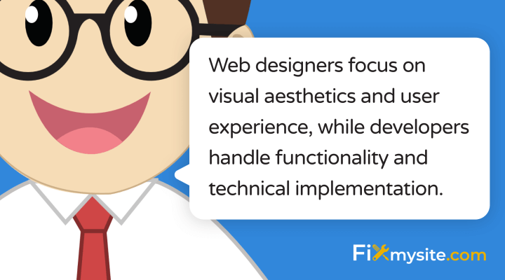 Web designers focus on visual aesthetics and user experience, while developers handle functionality and technical implementation.