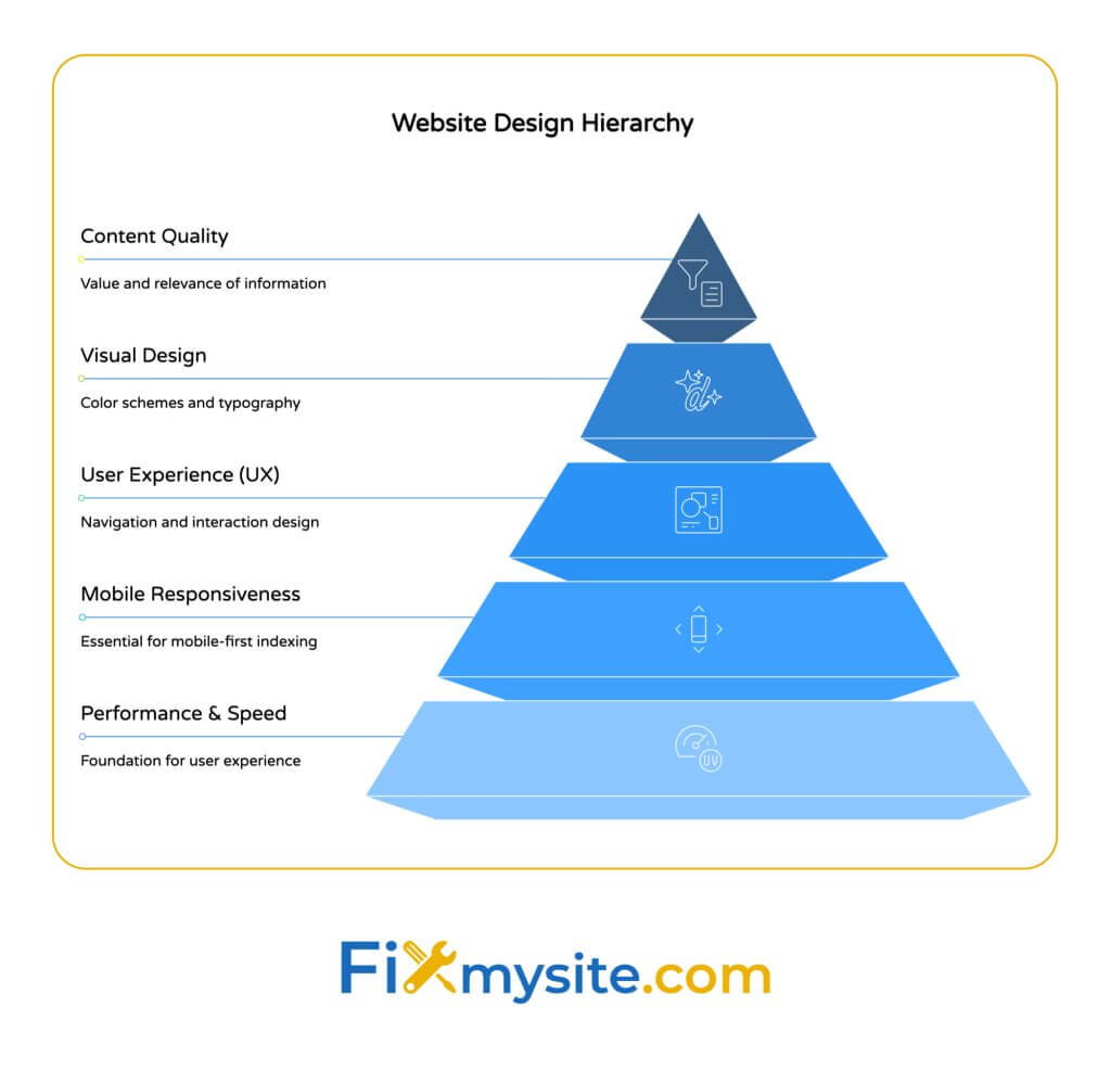 Website Design Hierarchy pyramid diagram showing the five key elements of effective website design in order of importance. From the foundation up: Performance & Speed (foundation for user experience), Mobile Responsiveness (essential for mobile-first indexing), User Experience (navigation and interaction design), Visual Design (color schemes and typography), and Content Quality (value and relevance of information). Each level includes a small icon representing the concept. Created by Fixmysite.com.