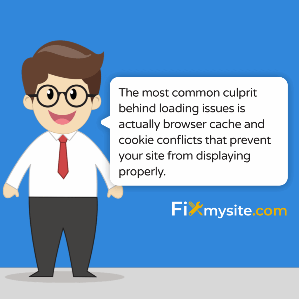 The most common culprit behind loading issues is actually browser cache and cookie conflicts that prevent your site from displaying properly