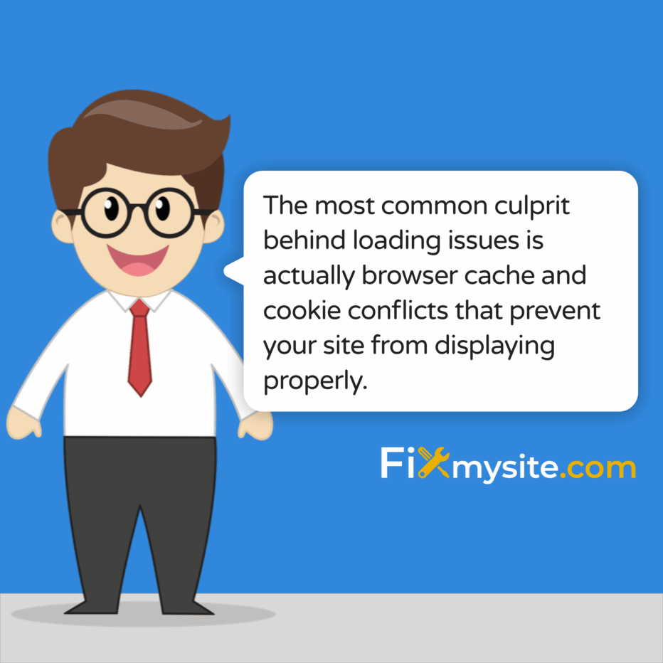 The most common culprit behind loading issues is actually browser cache and cookie conflicts that prevent your site from displaying properly