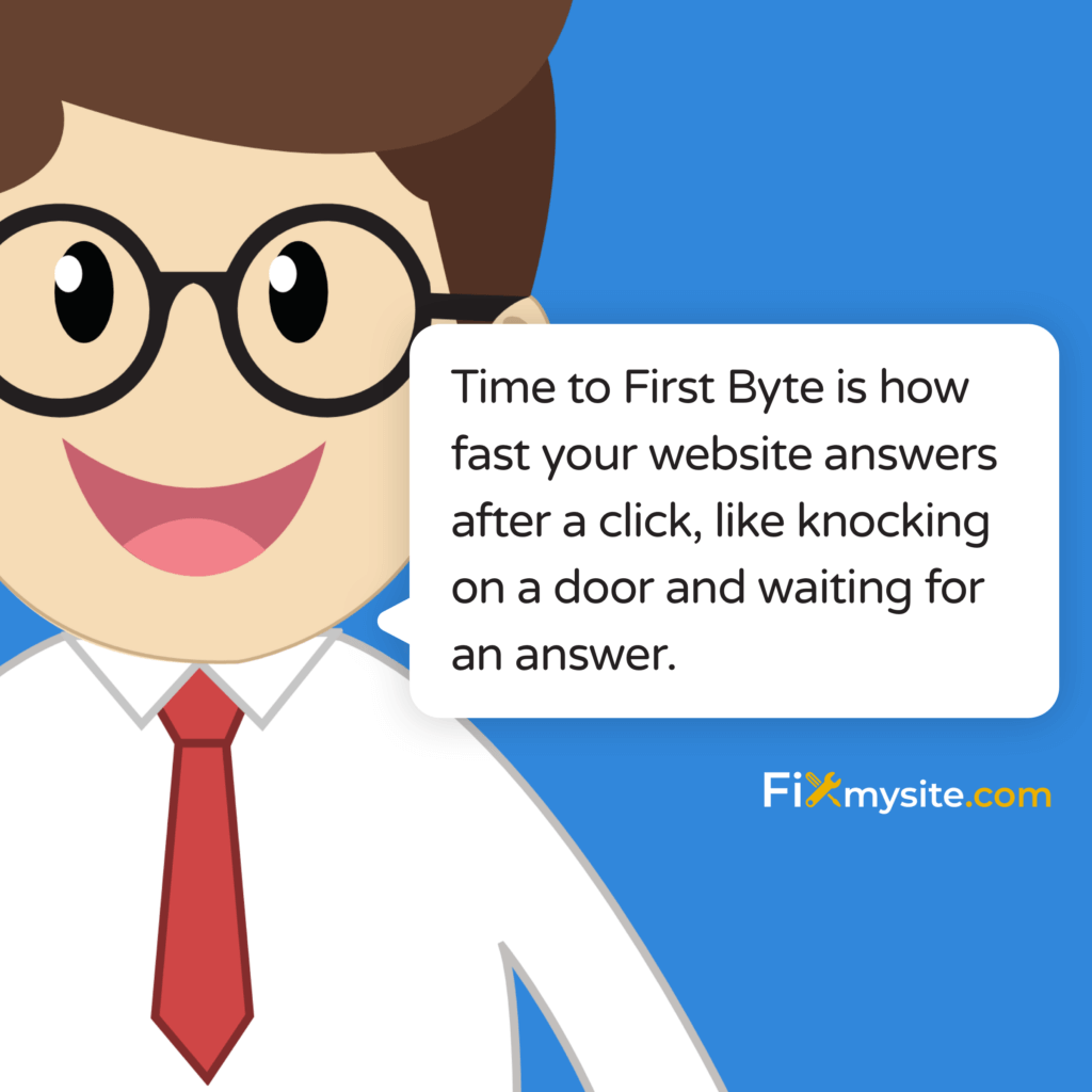 Time to First Byte is how fast your website answers after a click, like knocking on a door and waiting for an answer