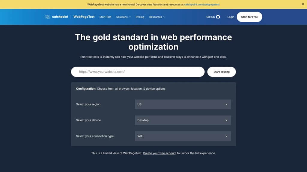 Screenshot of https://www.webpagetest.org