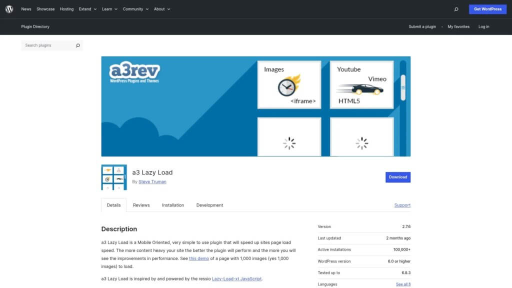 Screenshot of https://wordpress.org/plugins/a3-lazy-load/