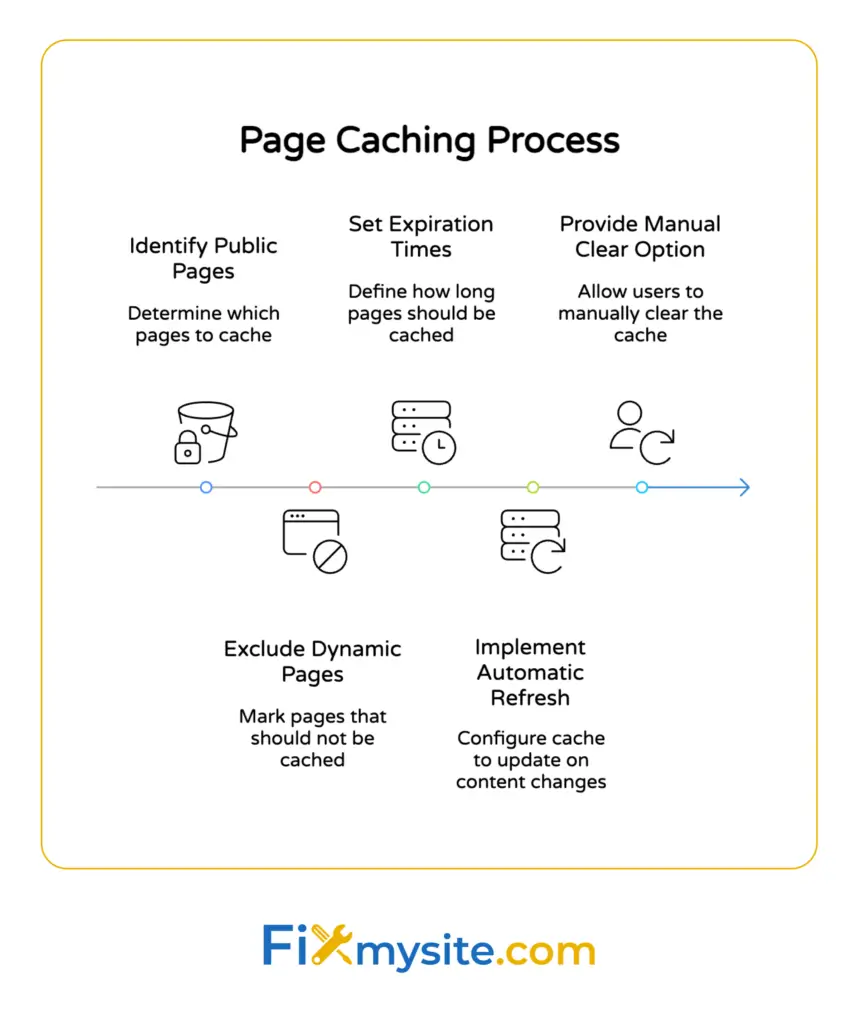 Five-step timeline diagram showing WordPress page caching process: identify public pages, exclude dynamic pages, set expiration times, enable automatic refresh, and provide manual clear option.