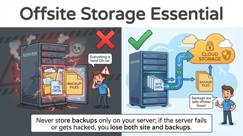 Keep backups off your server—store them in cloud storage to avoid total loss.