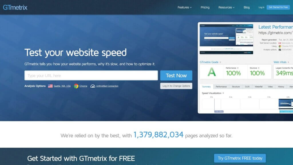 Screenshot of https://gtmetrix.com