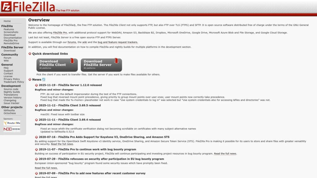 Screenshot of https://filezilla-project.org