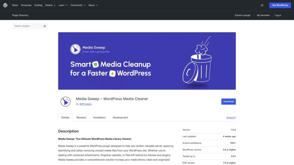Screenshot of https://wordpress.org/plugins/media-sweep/