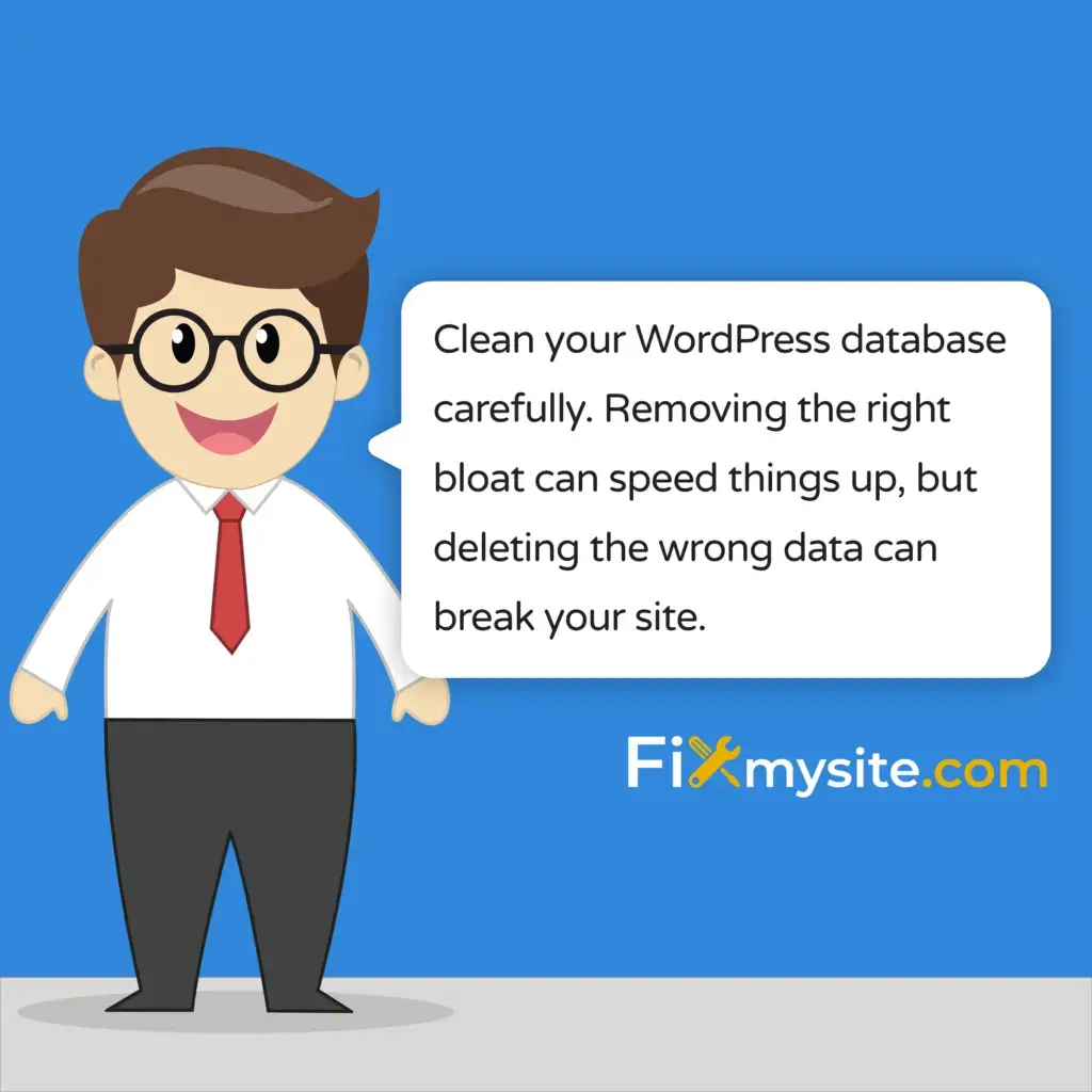 Clean your WordPress database carefully. Removing the right bloat can speed things up, but deleting the wrong data can break your site