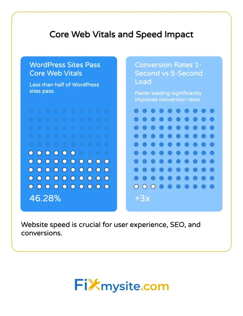 Core Web Vitals statistics showing only 46.28 percent of WordPress sites passing performance benchmarks alongside 3x conversion rate improvement from one-second versus five-second page loads