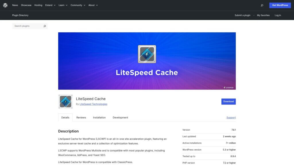 Screenshot of https://wordpress.org/plugins/litespeed-cache/