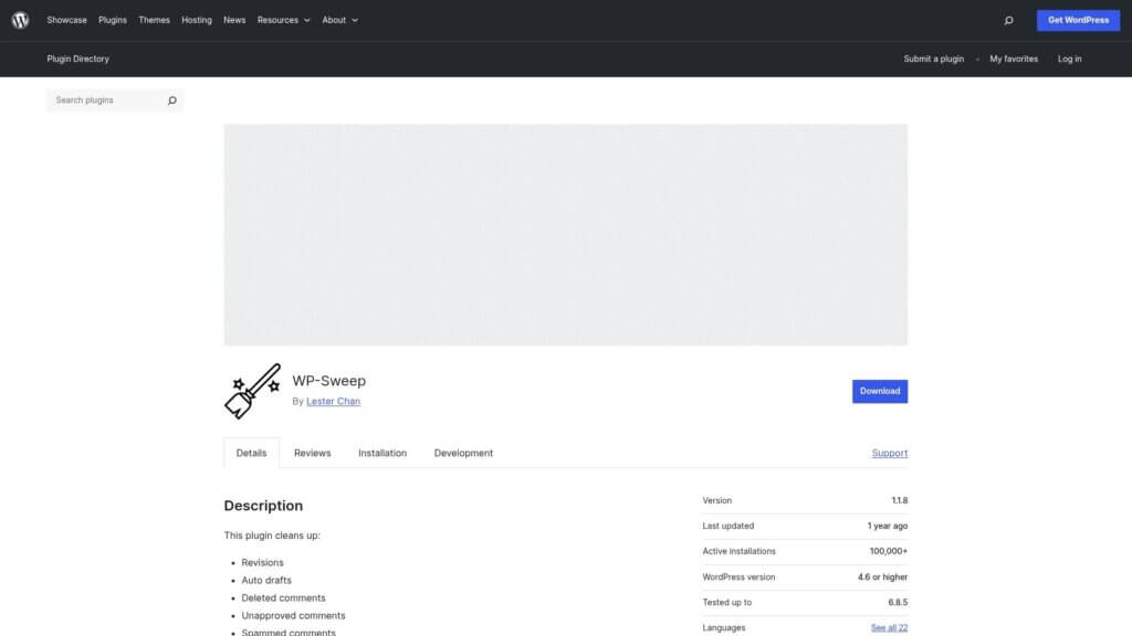 Screenshot of https://wordpress.org/plugins/wp-sweep/