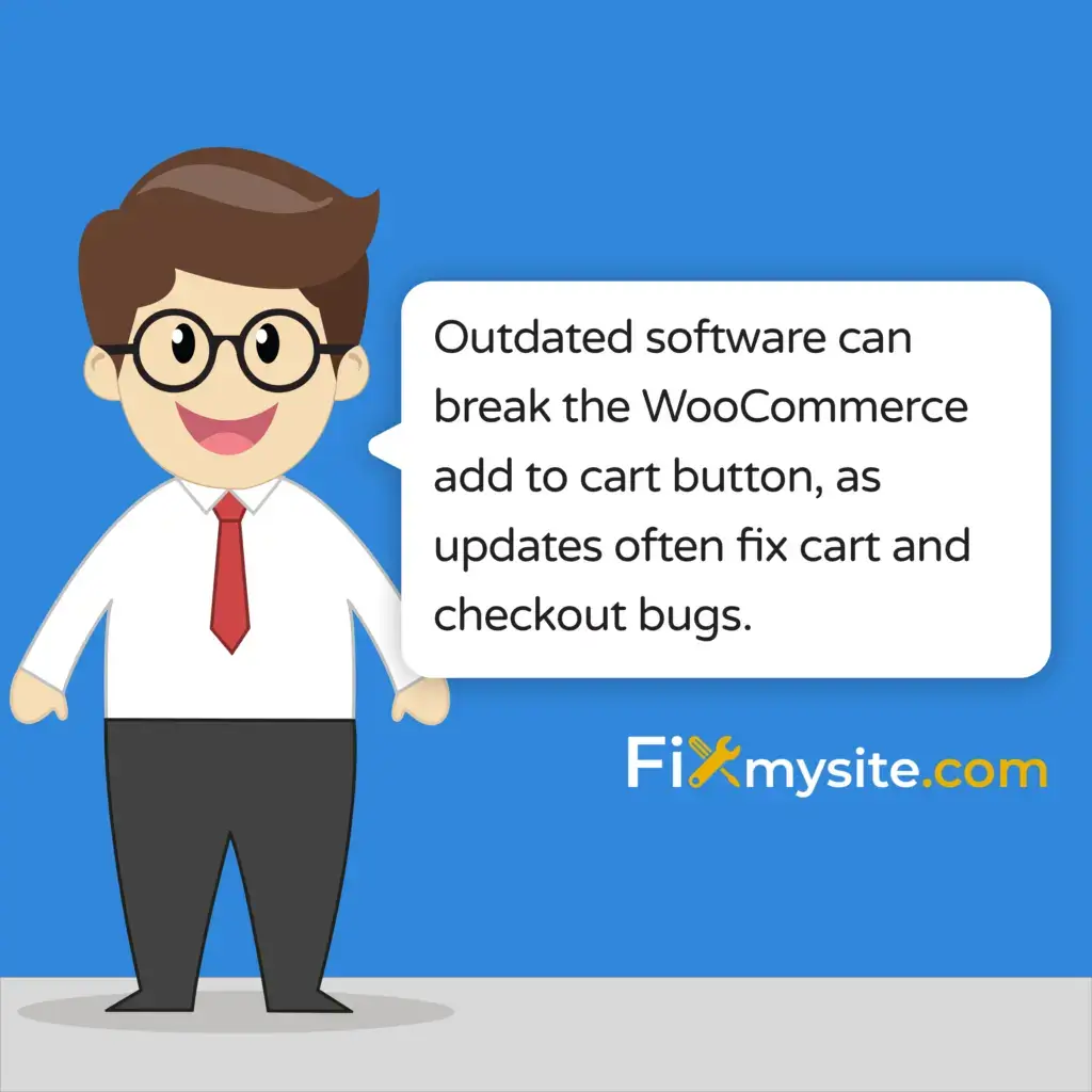 Outdated software can break the WooCommerce add to cart button, as updates often fix cart and checkout bugs
